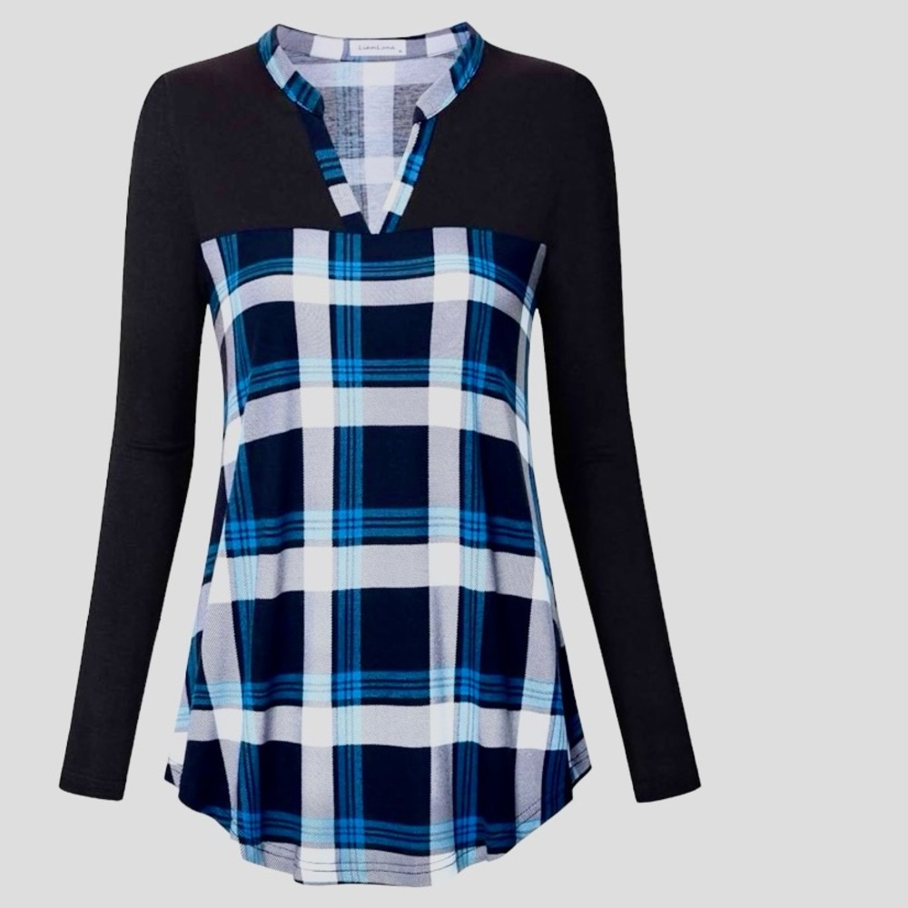 Liamluna plaid top 3/4 sleeve v neck
